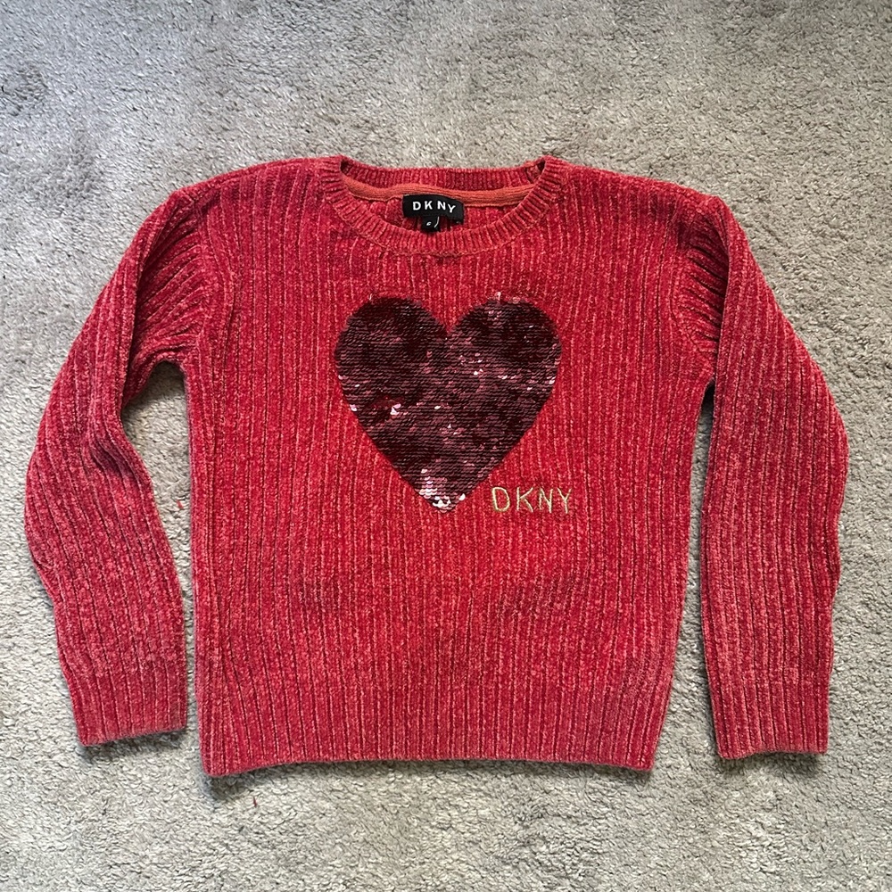 DKNY Girls Red Chenille Sweater with Sequin Heart size 6